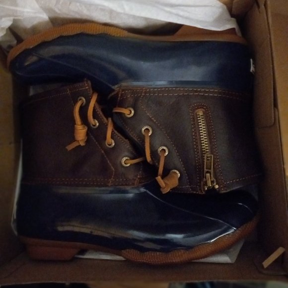 SPERRY Top Sider Saltwater Duck Waterproof Boots 91175 Navy+ Brown Leather 7.5 - Picture 8 of 14
